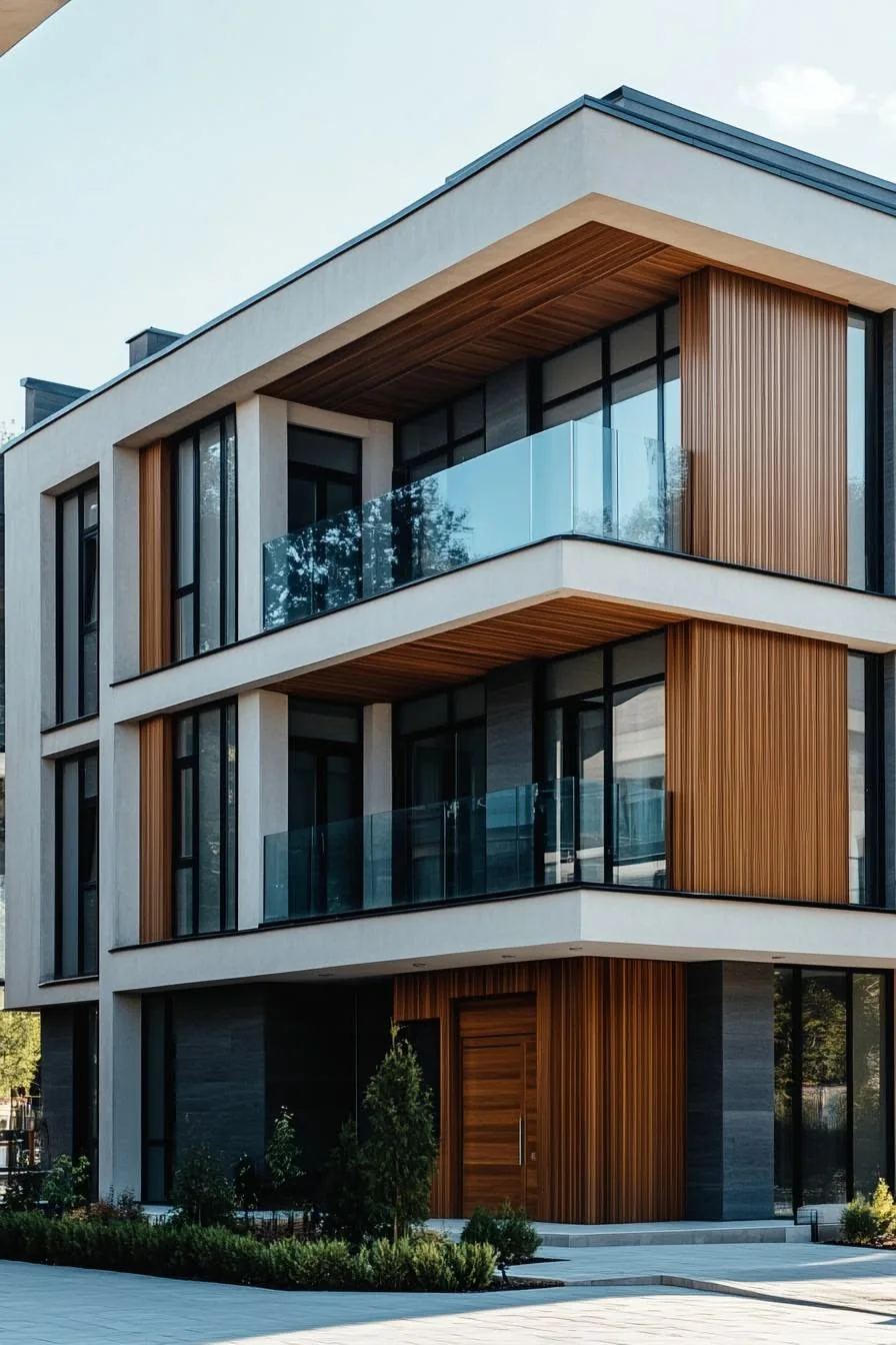 The finished façade clad in warm vertical timber