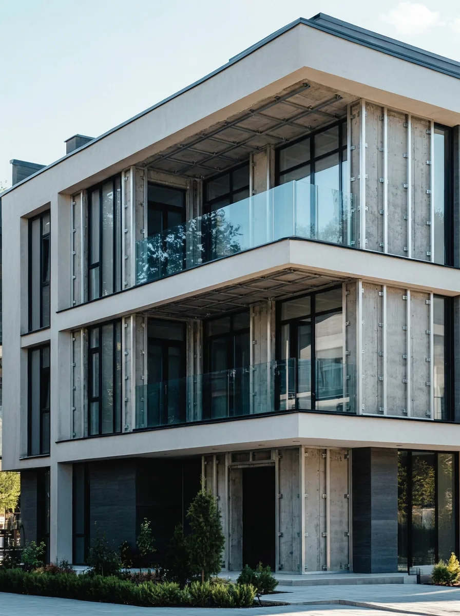 Building façade showing bare aluminium cladding substructure on concrete