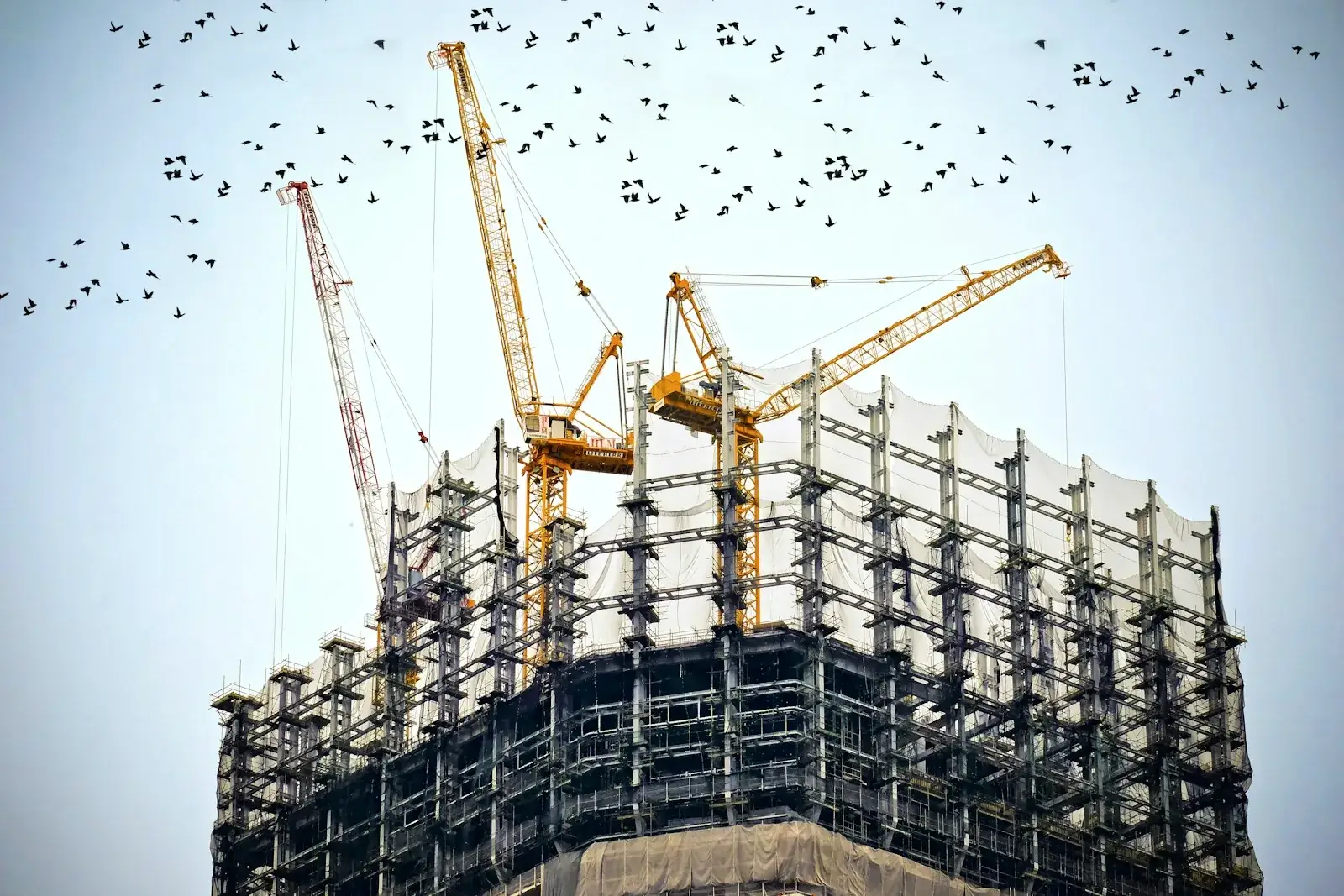 High-rise tower under construction with cranes