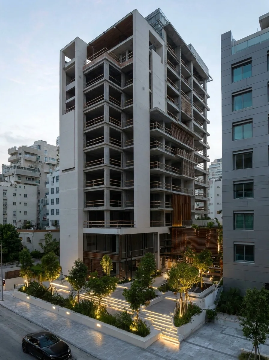 High-rise tower at dusk with bare, unglazed openings